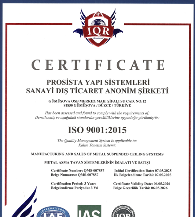 ISO 9001 - 2015 Kalite Yönetim Sistemi Sertifikası TR