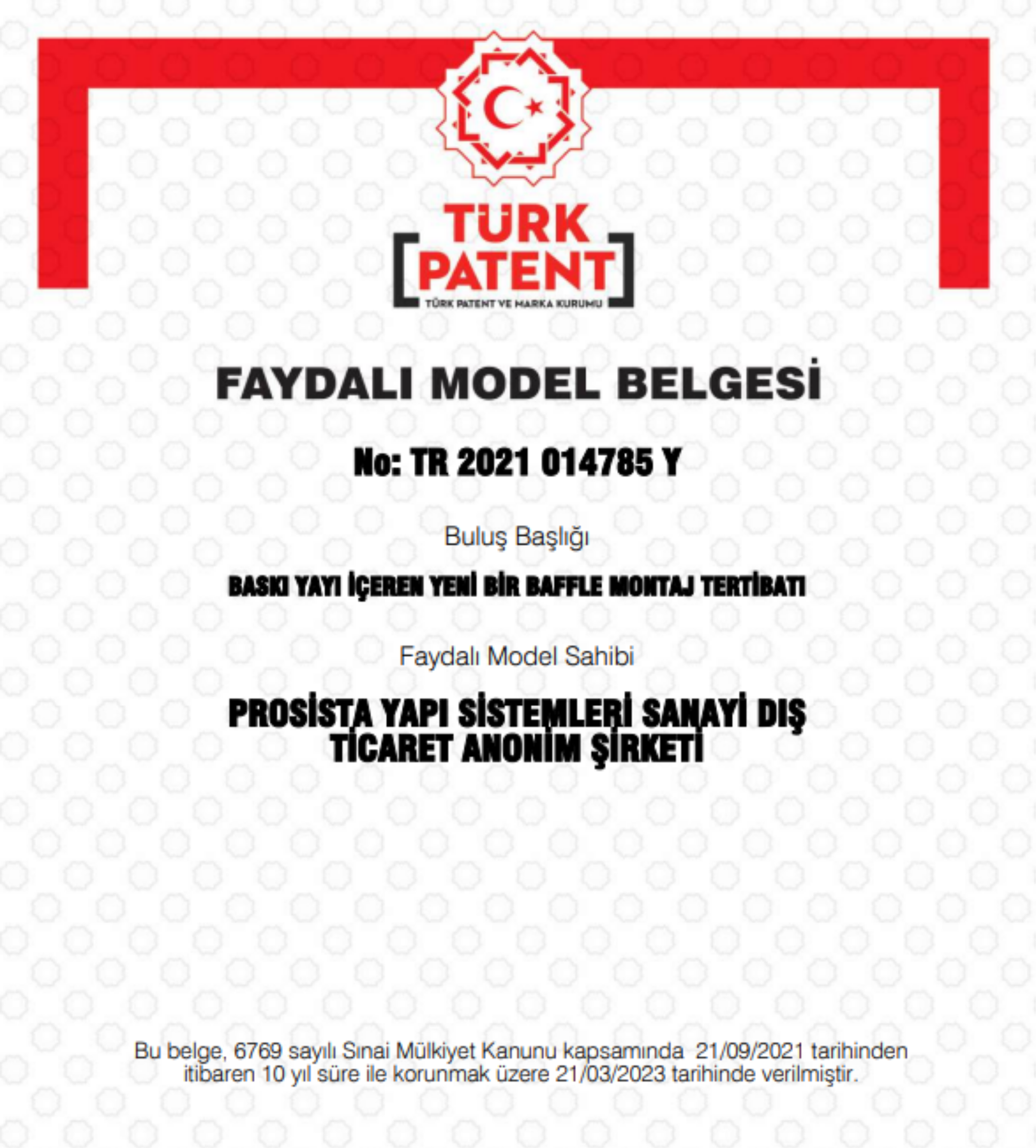 Prosista Baffle Yaylı Tırnaklı Taşıyıcı Patent