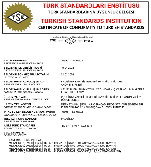TS EN 14195 Standardı Uygunluk Belgesi